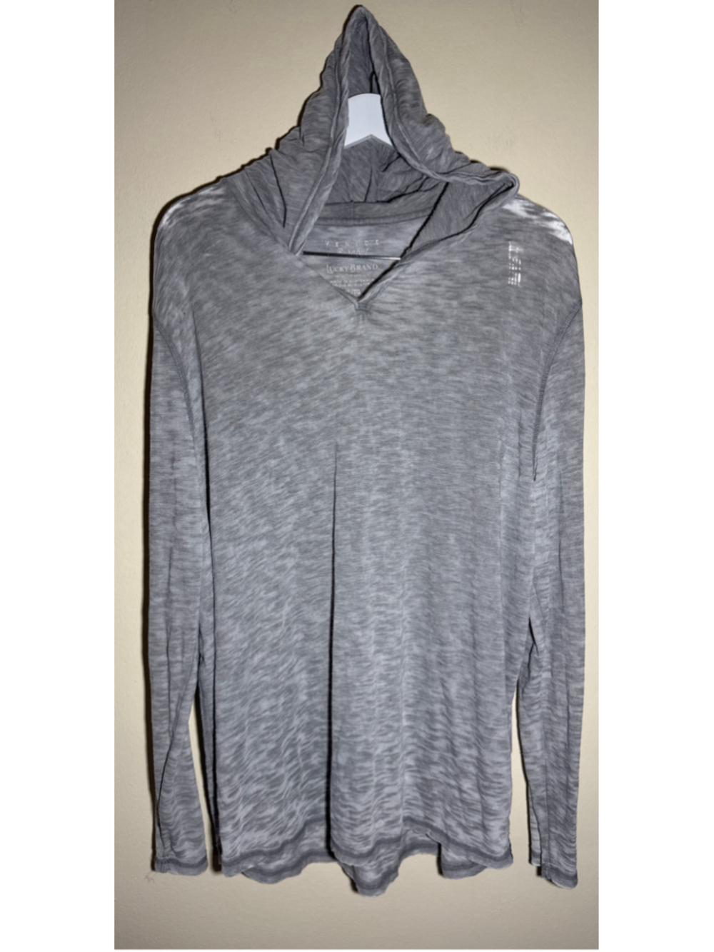 Lucky Brand Grey Burnout Long Sleeve Hoodie Shirt Size XL PTP 26”